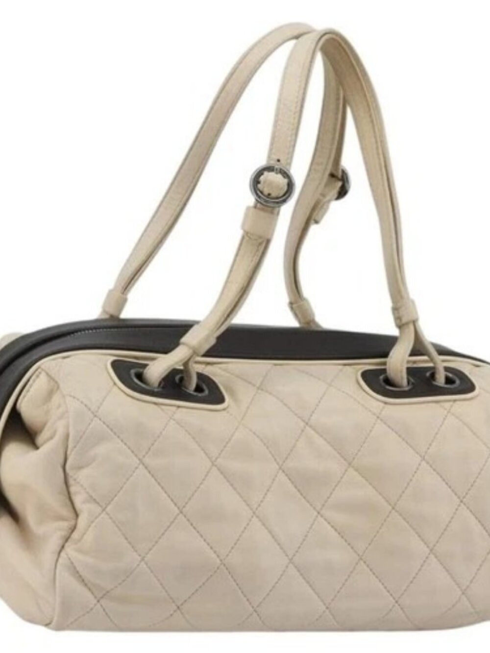 CHANEL Matelasse Boston Bag Lamb Skin Ivory Silver CC Auth YKZ1338A